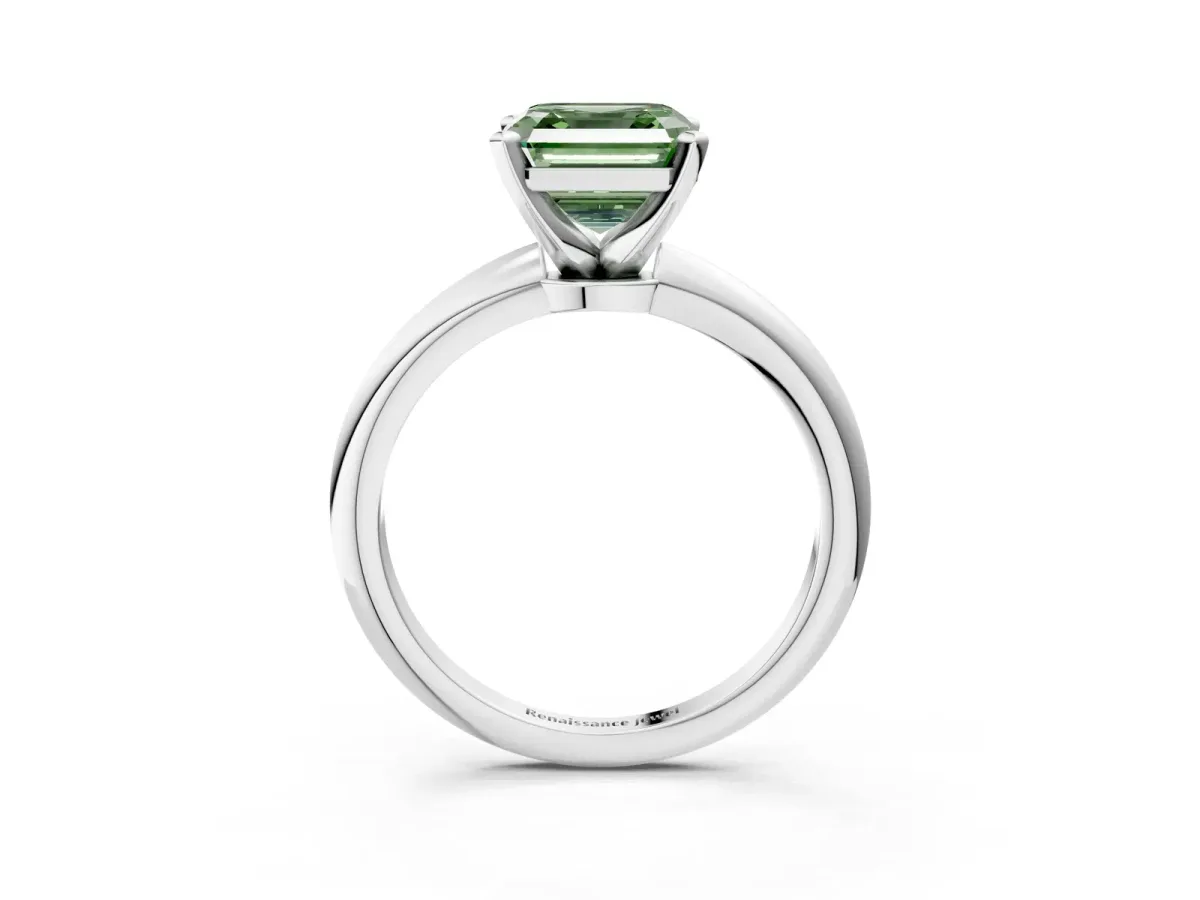Fancy Green Asscher Cut Diamond Solitaire Ring with Six-Prong Setting and Classic Band Silver
