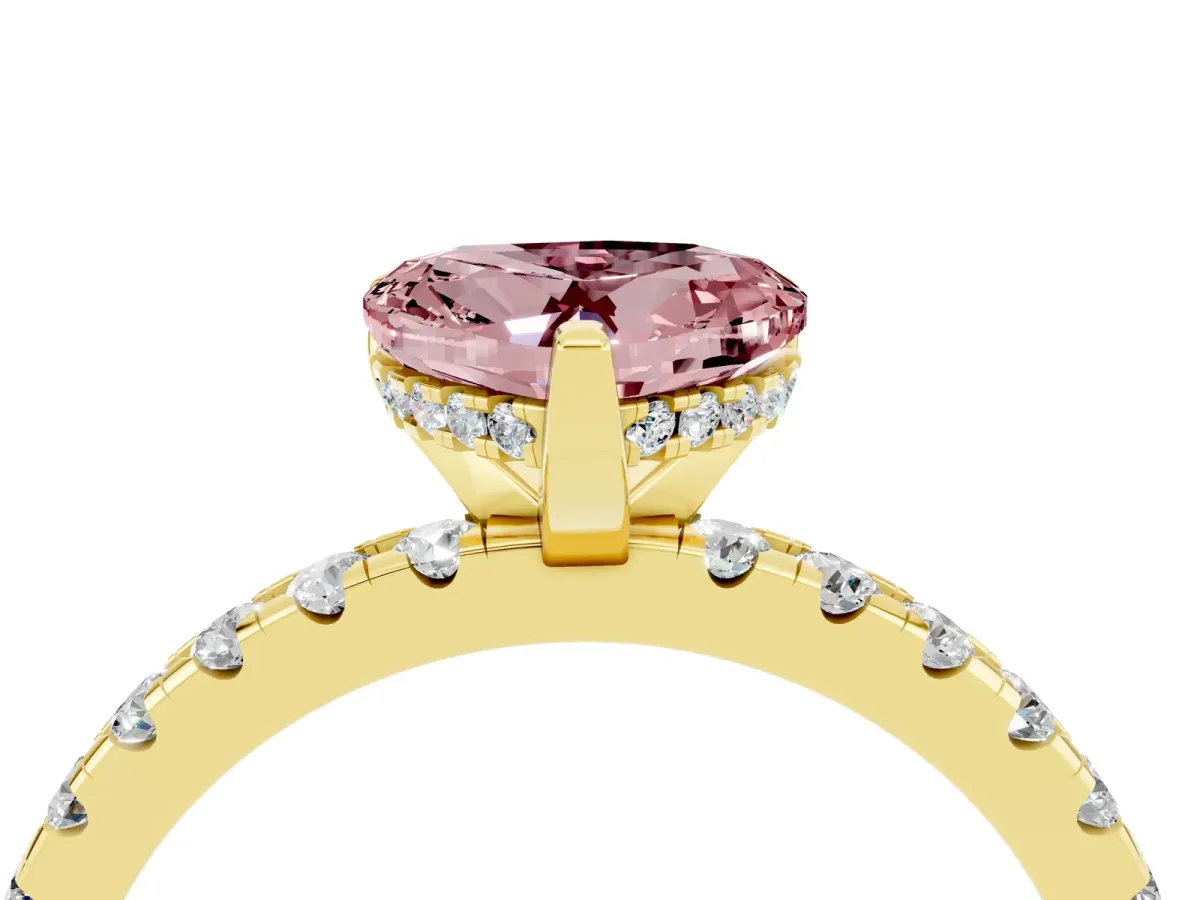 Heart Cut Morganite Solitaire Ring with Round Pavé Band and Four-Prong Setting Yellow gold