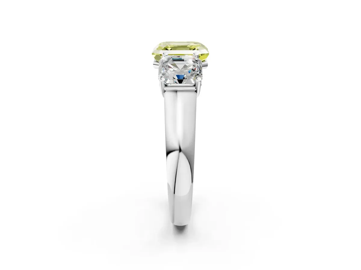 Fancy Yellow Asscher Cut Three-Stone Diamond Ring with Prong Setting on a Classic Band Platinum