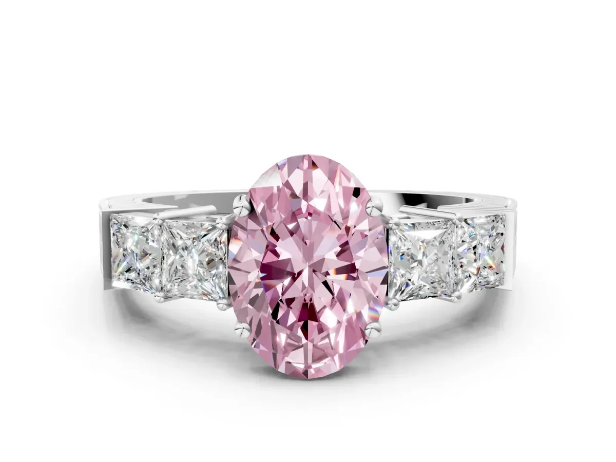 Fancy Pink Oval Cut Solitaire Princess Side Stone Engraved Band Prong Setting Ring Silver