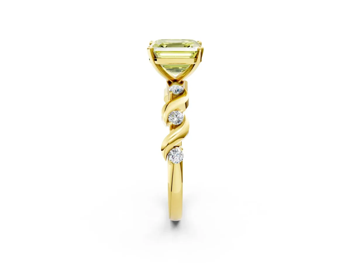 Fancy Yellow Asscher Cut Diamond Solitaire Twisted Band with Round Accents and Prong Setting Yellow gold