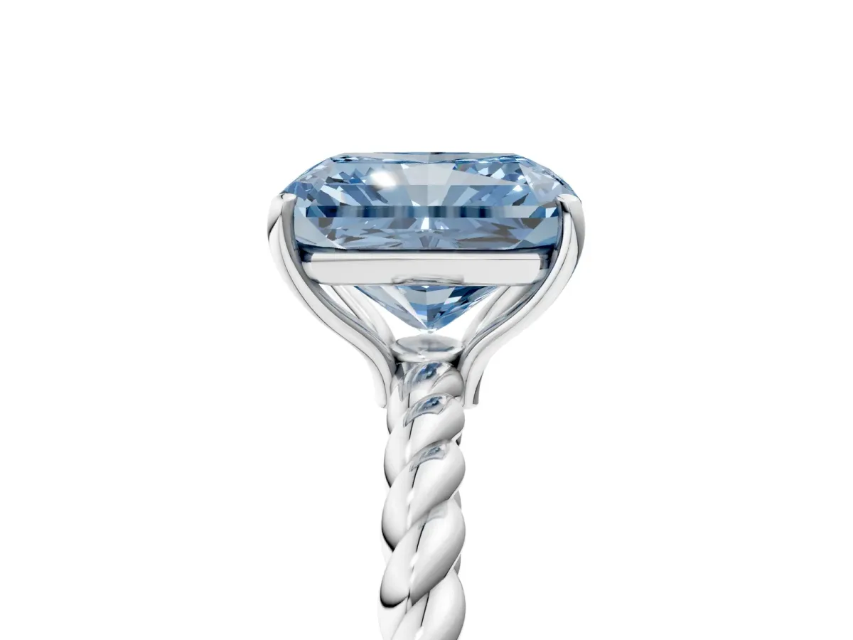 Fancy Blue Radiant Cut Solitaire Twisted Band 4-Prong Ring Platinum