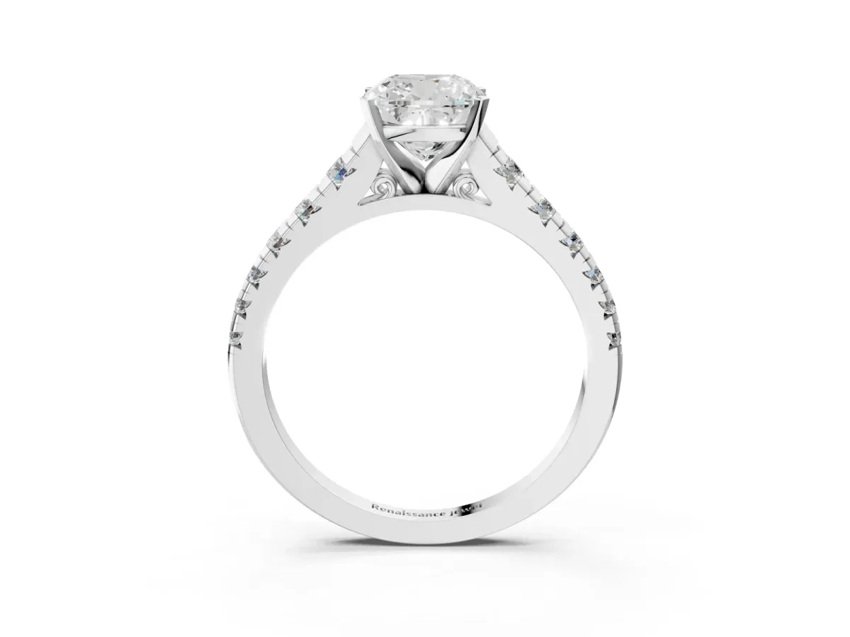Cushion Cut Diamond Cathedral Solitaire Ring with Round Pavé Band White gold