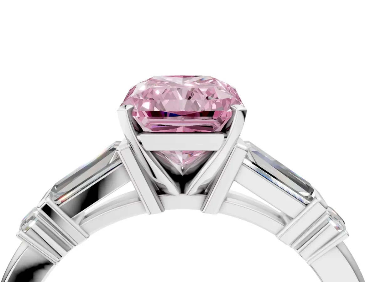 Fancy Pink Radiant Cut Cut Diamond Ring with Baguette Side Stones, Channel Set Band, and Four-Prong Setting Platinum