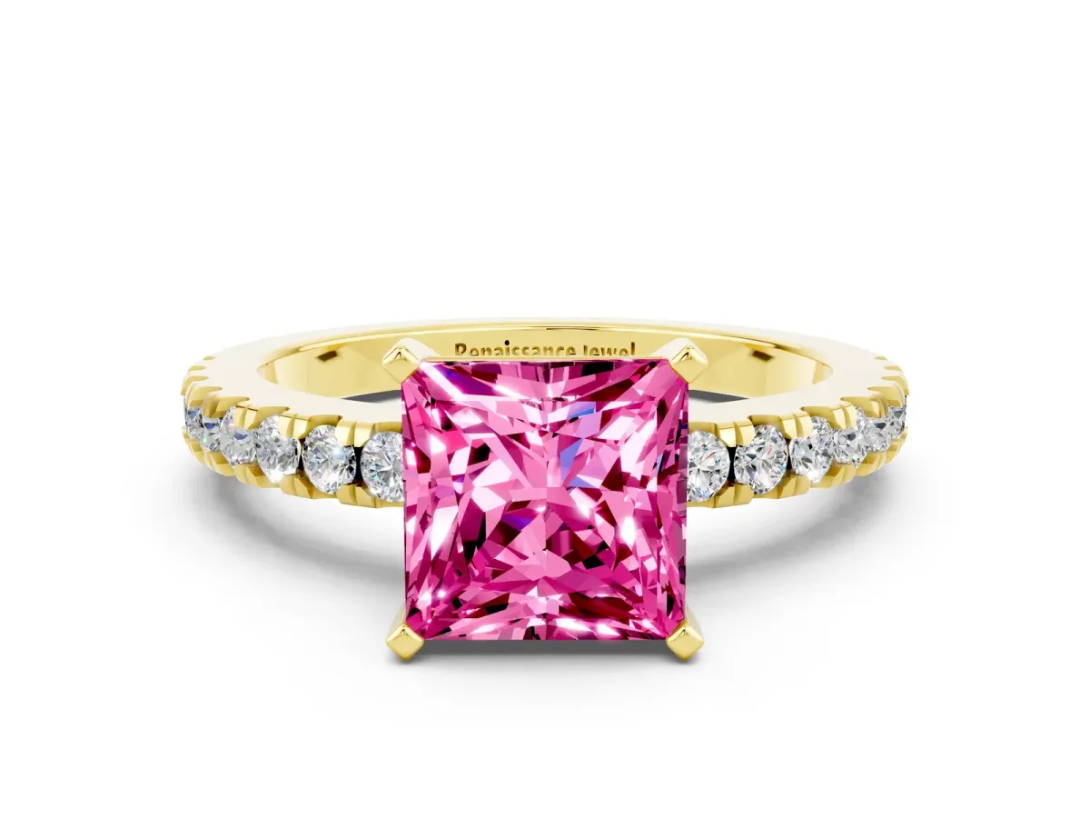 Princess Cut Solitaire Pink Sapphire with Pavé Band and Four-Prong Setting Yellow gold
