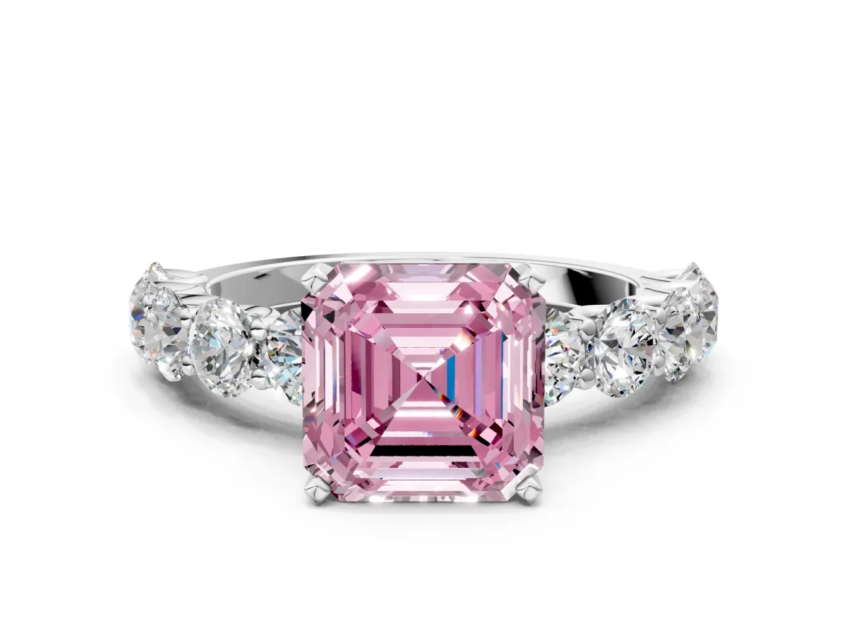 Fancy Pink Asscher Cut Diamond Prong Setting with Side Stones on a Pave Band Silver