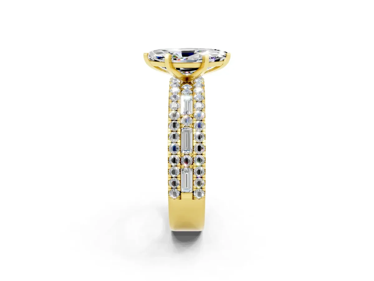 Marquise Cut Moissanite Solitaire Ring with Pavé and Channel Set Band Yellow gold