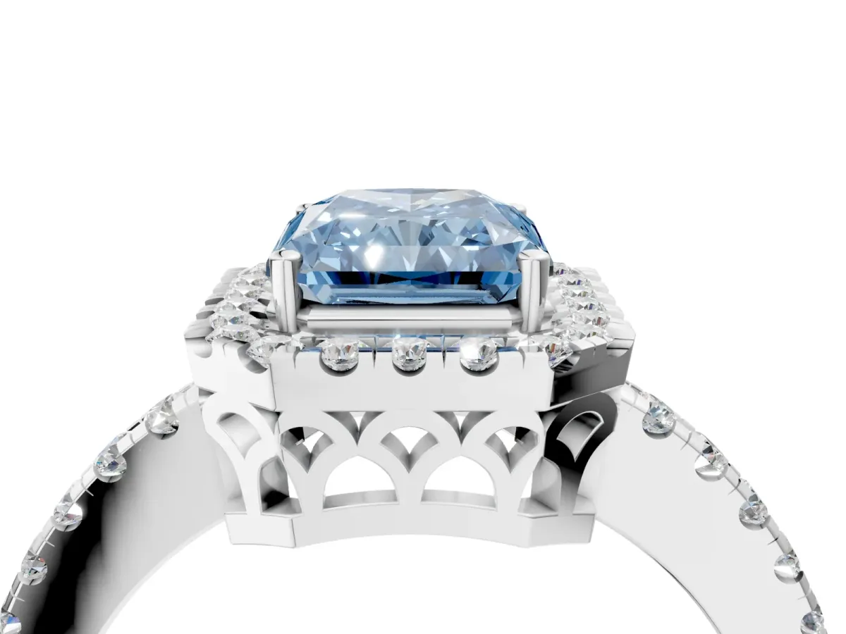 Fancy Blue Radiant Cut Halo Diamond Engagement Ring with Pavé Band and Four-Prong Setting Platinum