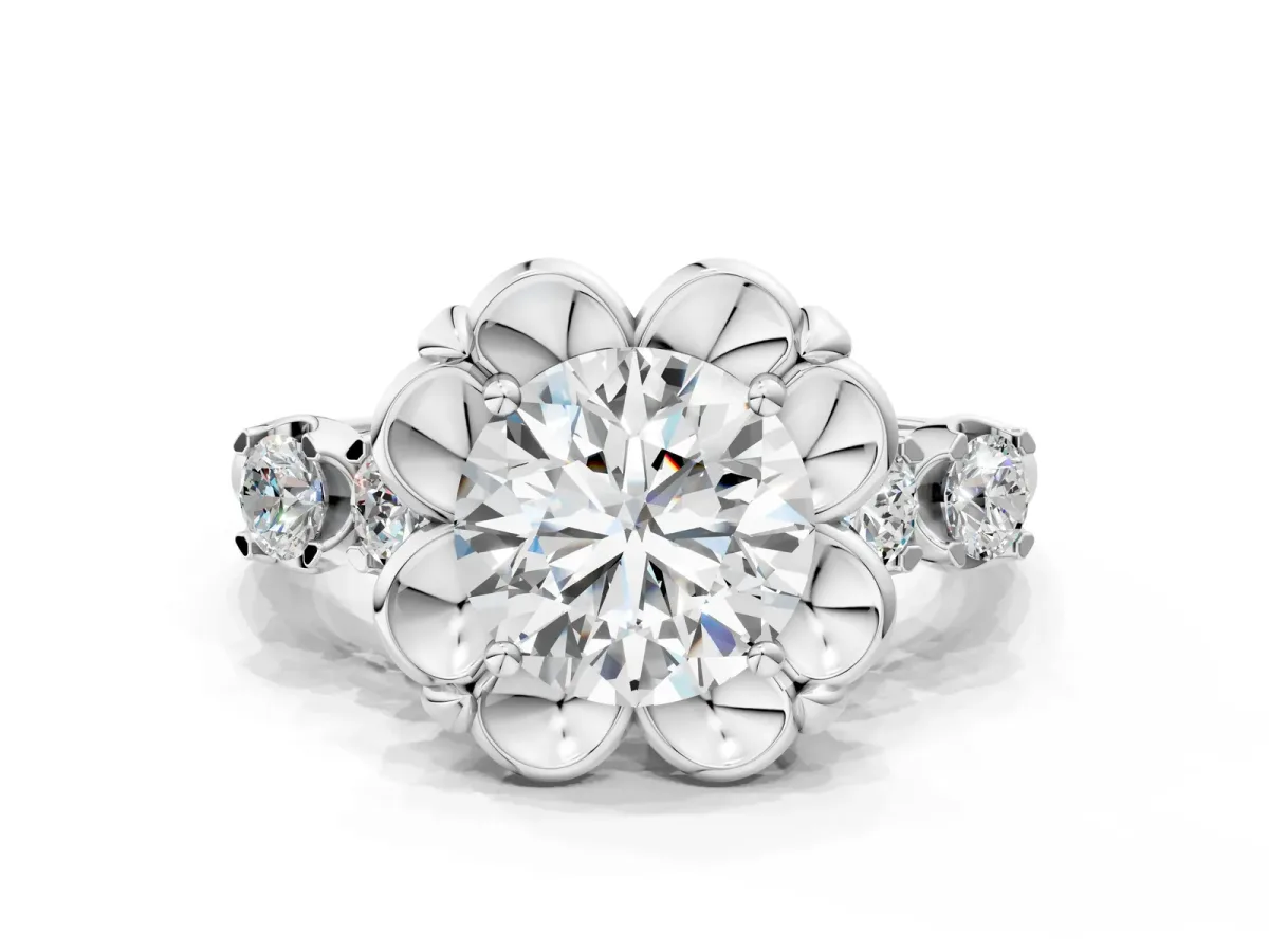 Round Cut Cut Diamond Floral Halo Engagement Ring with Shared Prong Setting Silver