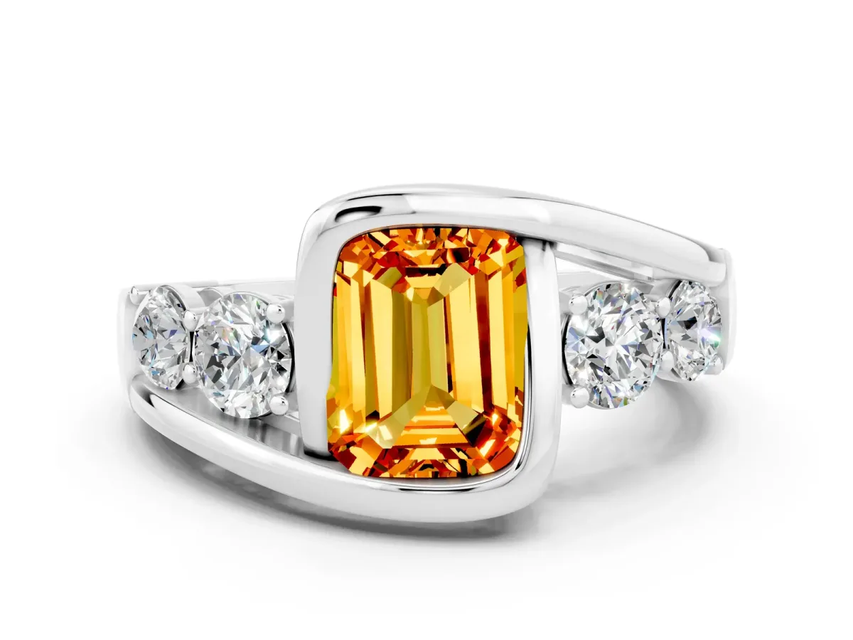 Bezel Set Emerald Cut Citrine Bypass Ring with Round Accents Silver