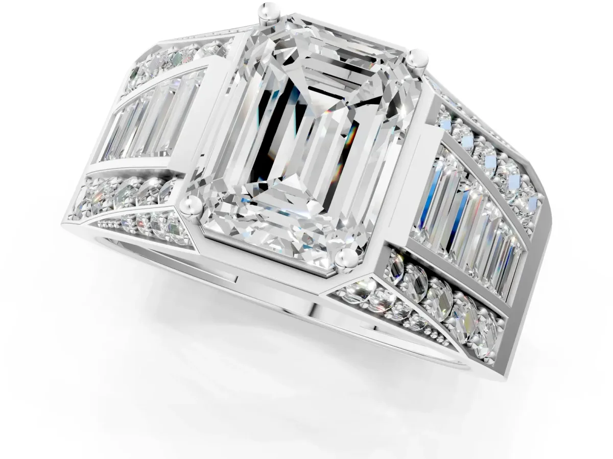 Emerald Cut Diamond Mens Ring with Baguette Side Stones Platinum