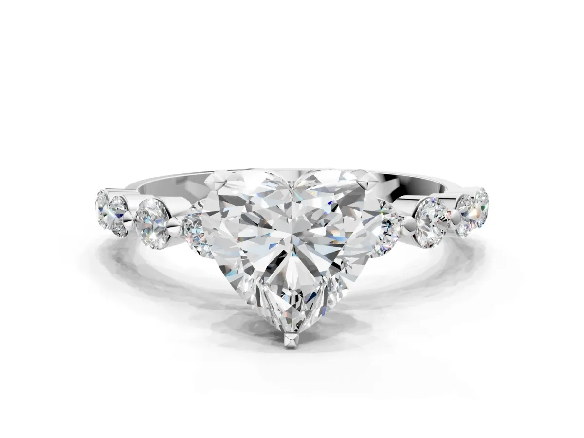 Heart Cut Solitaire Diamond Ring with Pave Band and Four-Prong Setting Silver