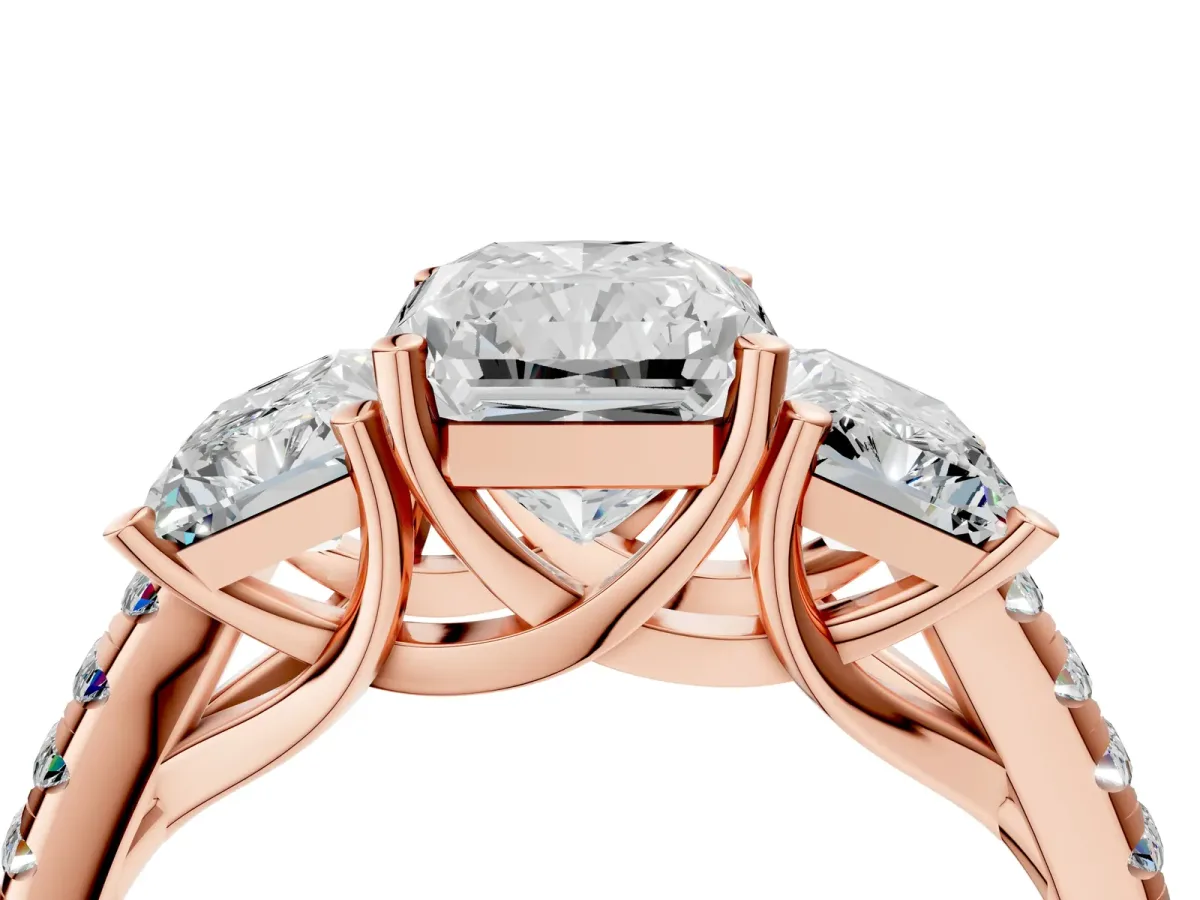 Three-Stone Radiant Cut Diamond Ring with Round Moissanite Pavé Band and Prong Setting Rose gold