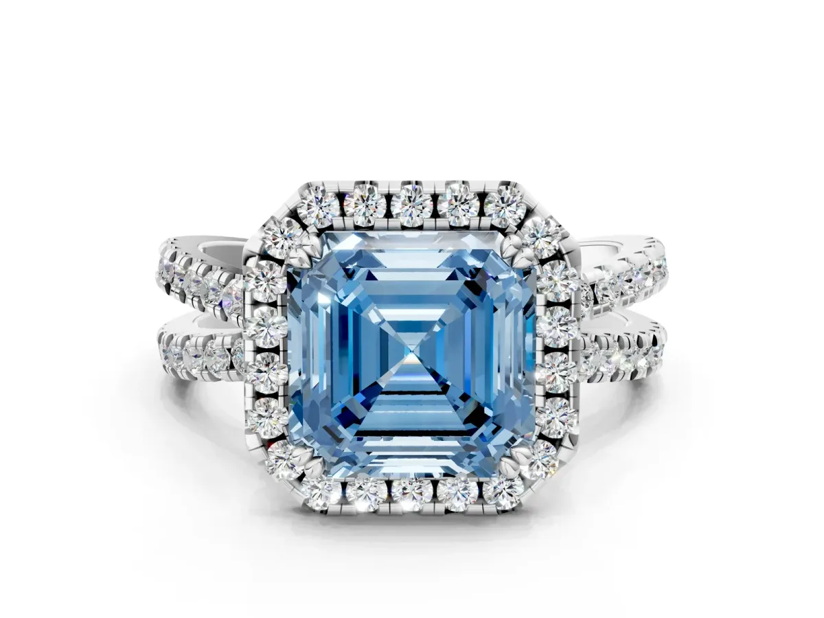 Fancy Blue Asscher Cut Halo Split Shank Diamond Ring with Pavé Setting Platinum