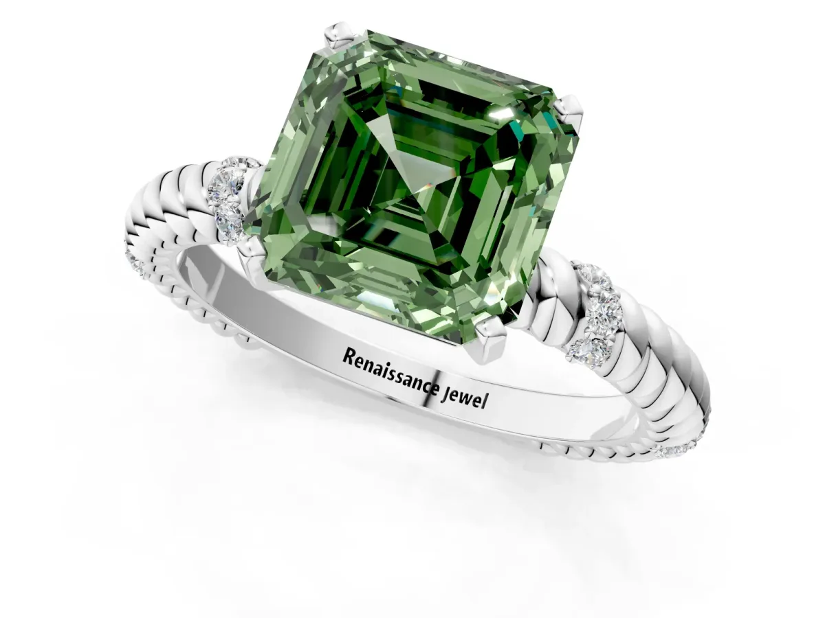 Fancy Green Asscher Cut Solitaire Twisted Band Prong Set Engagement Ring Silver