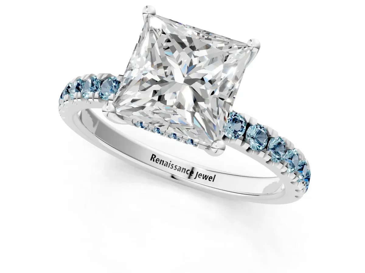 Princess Cut Diamond Pave Band Solitaire Ring with Round Aquamarine and Prong Setting White gold