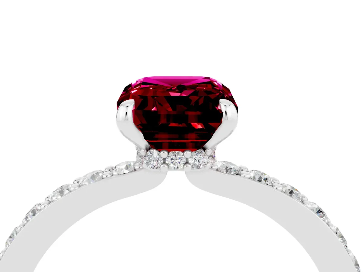 Emerald Cut Garnet Solitaire Engagement Ring with Pavé Band and Four-Prong Setting Silver