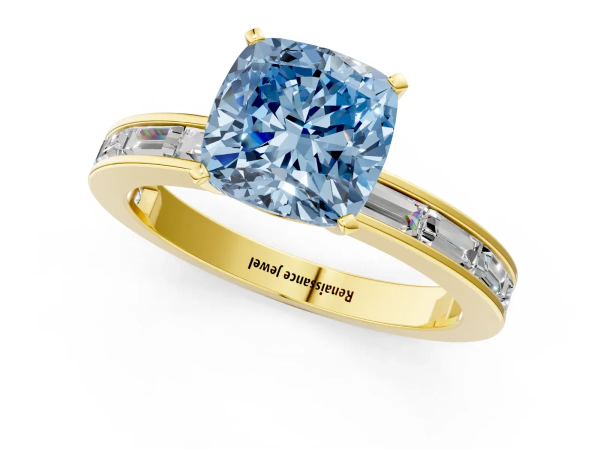 Fancy Blue Cushion Cut Solitaire Diamond Ring with Channel-Set Baguette Band and Four-Prong Setting Yellow gold