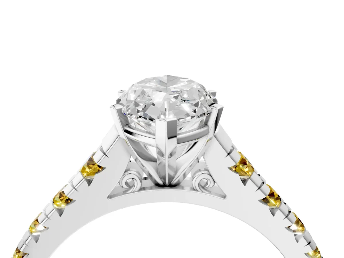 Marquise Cut Diamond Cathedral Solitaire Ring with Round Yellow Sapphire Pavé Band White gold