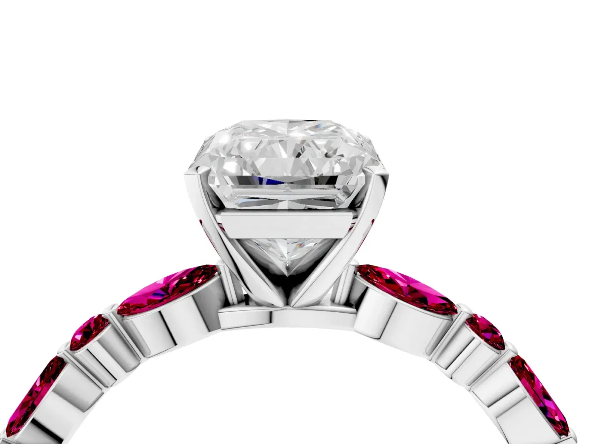 Radiant Cut Diamond Ring with Marquise and Round Garnet Side Stones and Four-Prong Setting White gold