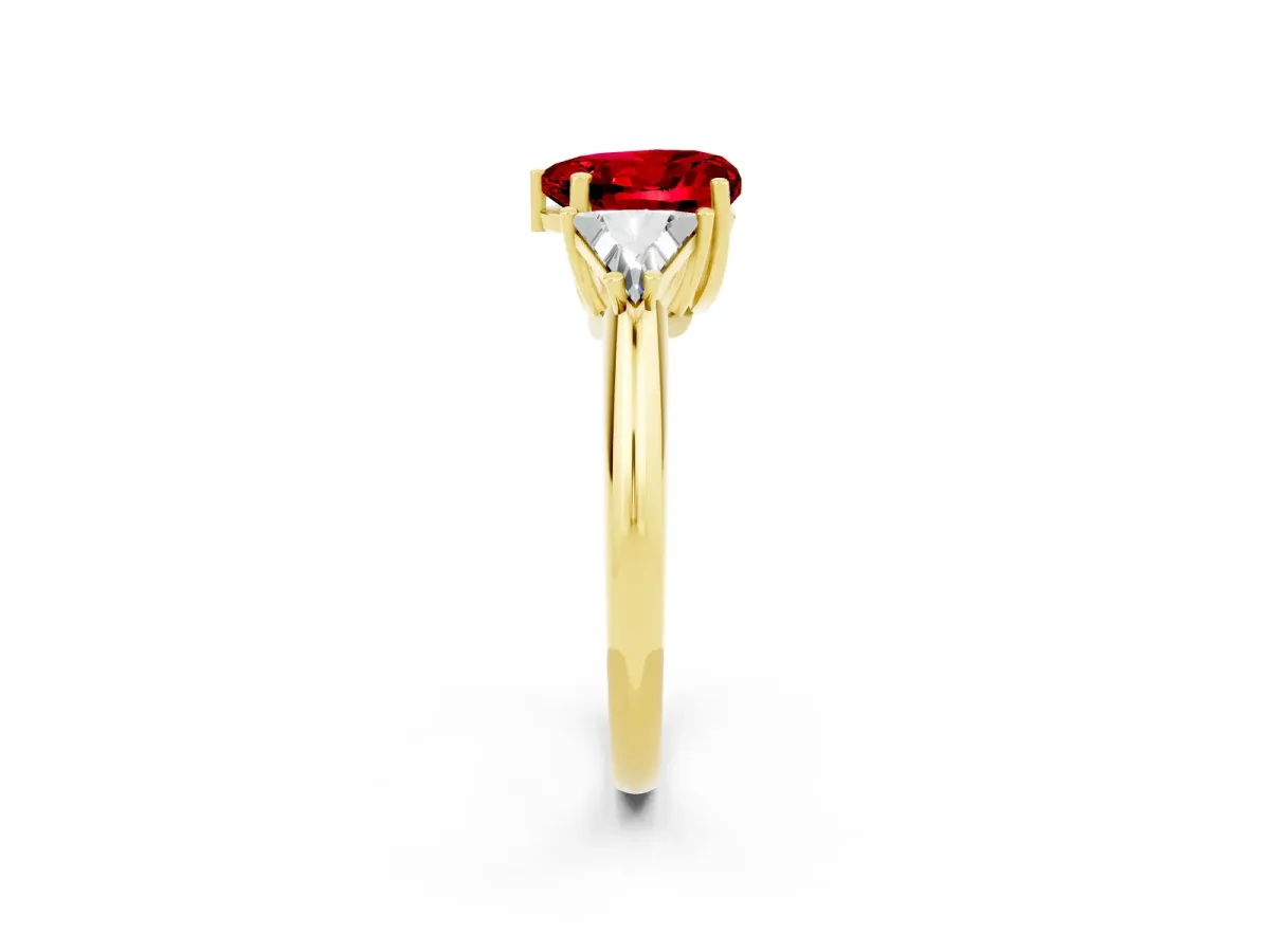 Three-Stone Heart Cut Ruby Engagement Ring with Trillion Side Stones and Prong Setting Yellow gold