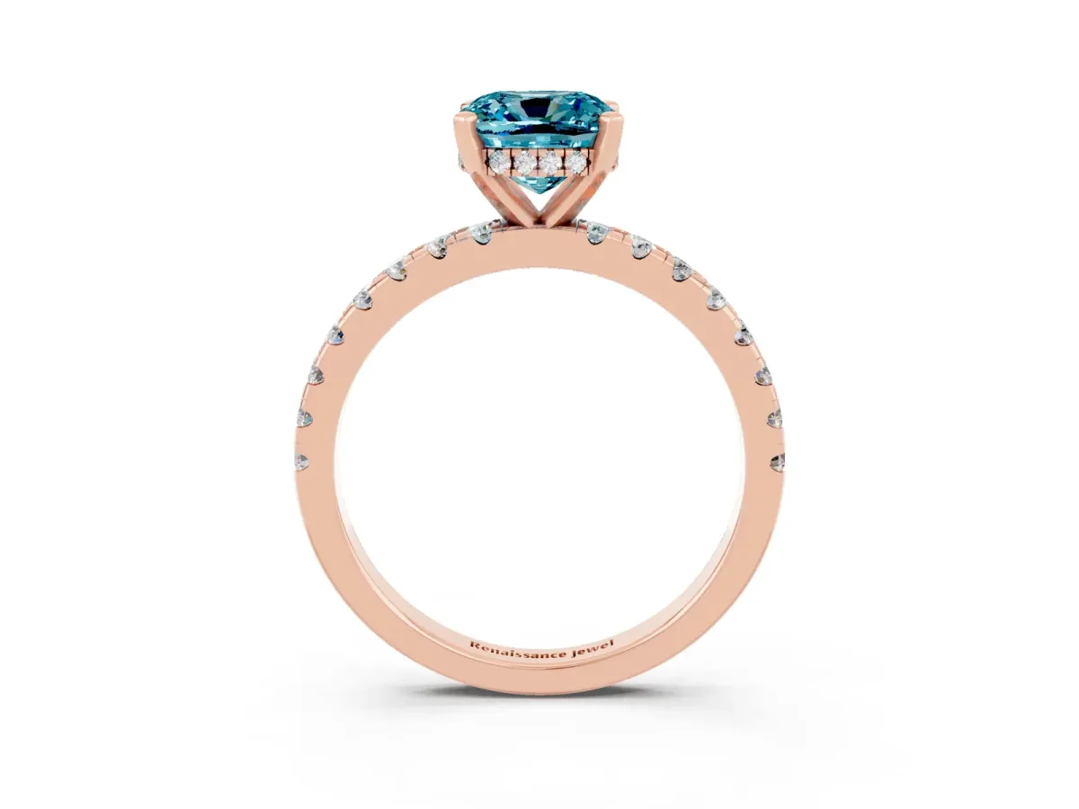 Cushion Cut Blue Topaz Solitaire Ring with Round Pavé Band and Four-Prong Setting Rose gold