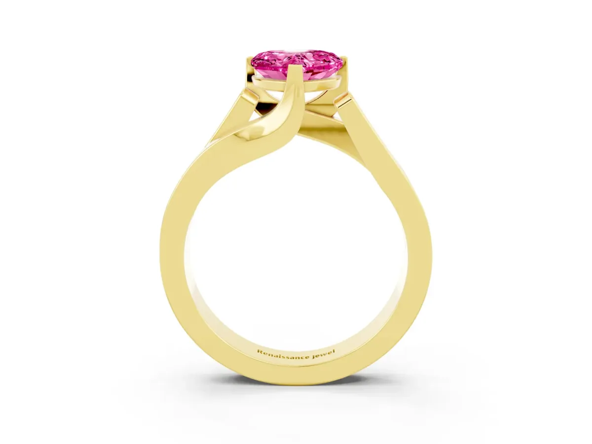 Modern Tension Set Heart Cut Pink Sapphire Solitaire Wide Band Ring Yellow gold