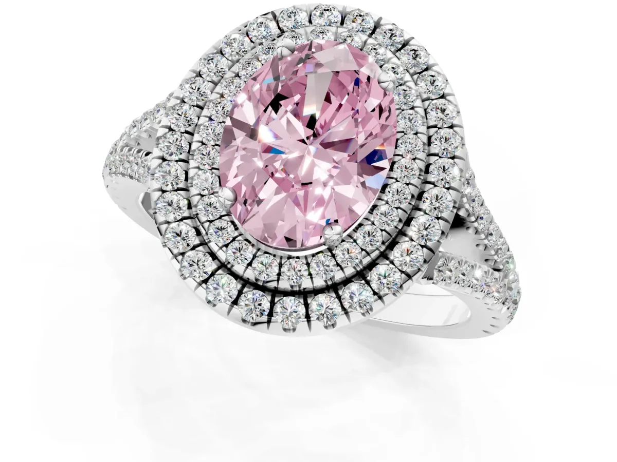 Fancy Pink Oval Cut Diamond Double Halo Ring with Pavé Band and Prong Setting Silver