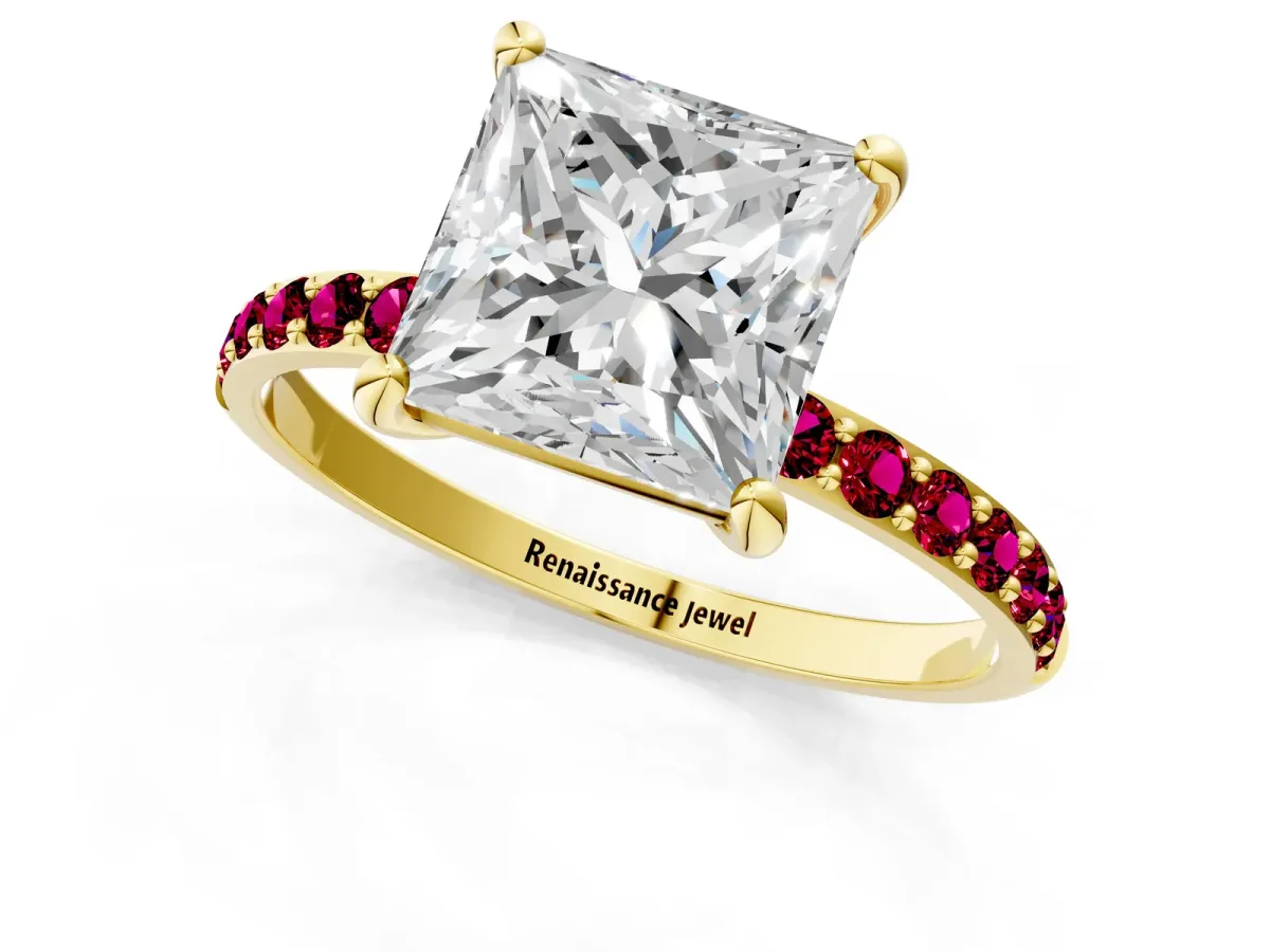 Princess Cut Diamond Solitaire Ring with Round Garnet Pavé Band and Prong Setting Yellow gold