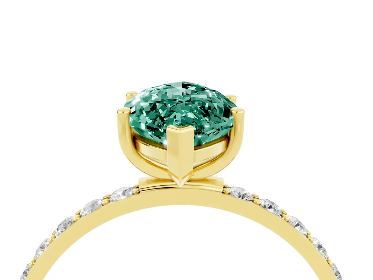 Marquise Cut Green Sapphire Solitaire Ring with Round Pavé Band and Prong Setting Yellow gold