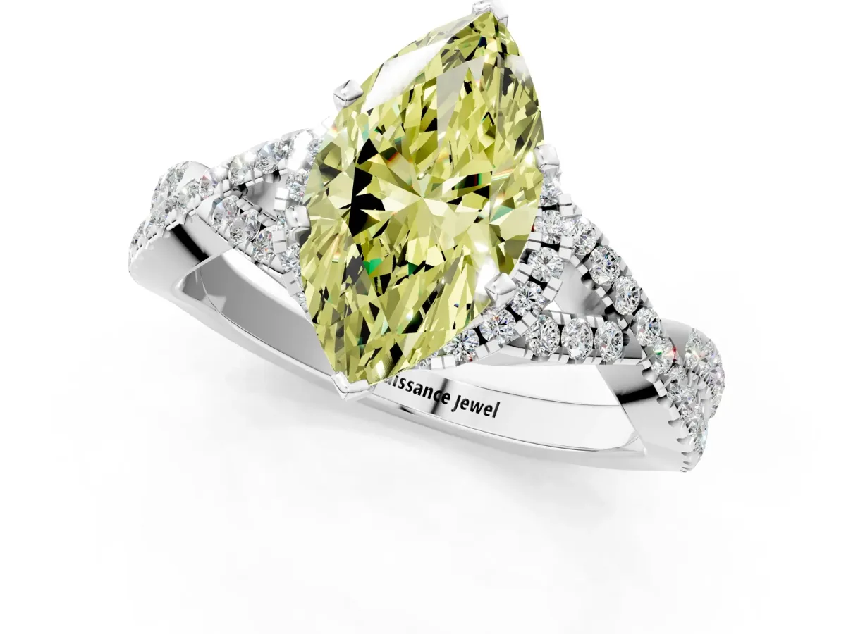 Fancy Yellow Marquise Cut Diamond Halo Twist Band Solitaire Prong Setting Ring White gold