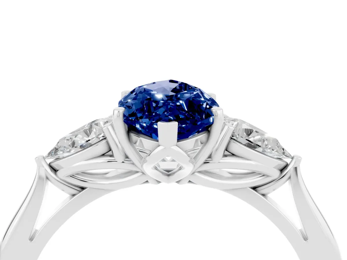 Marquise Cut Blue Sapphire Three-Stone Ring with Pear Side Stones and Prong Setting Silver