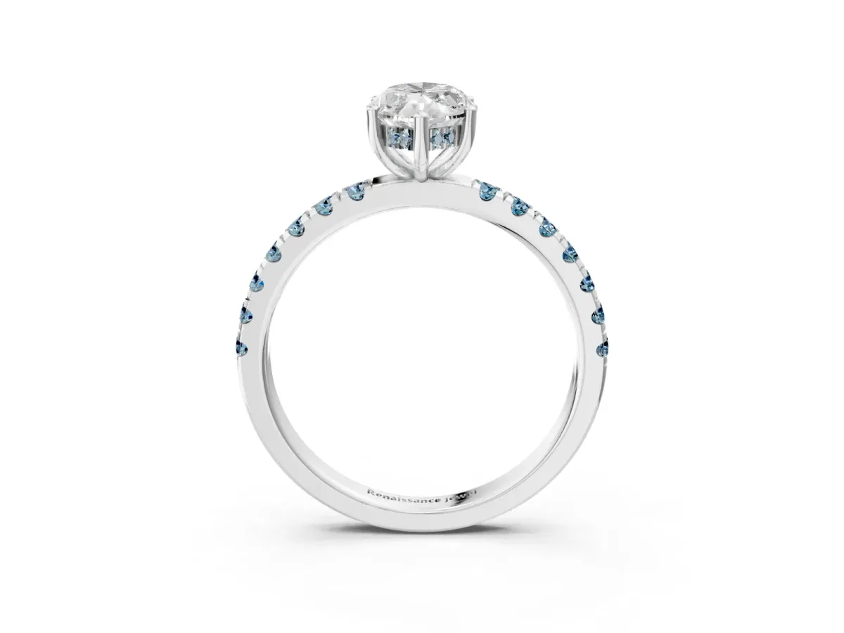 Marquise Cut Diamond Pave Band Solitaire Ring with Round Aquamarine and Prong Setting White gold