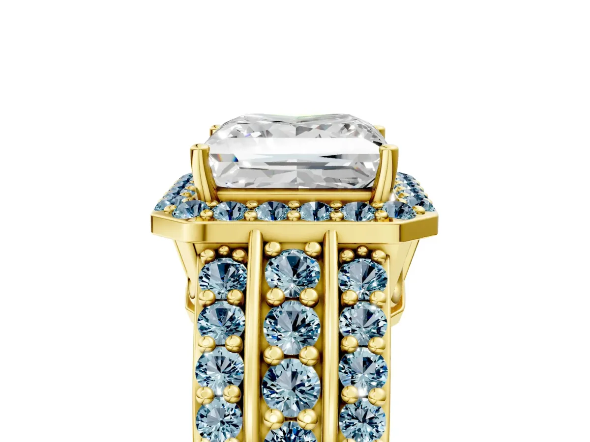 Princess Cut Halo Diamond Ring with Round Aquamarine Split Shank and Prong Setting Yellow gold