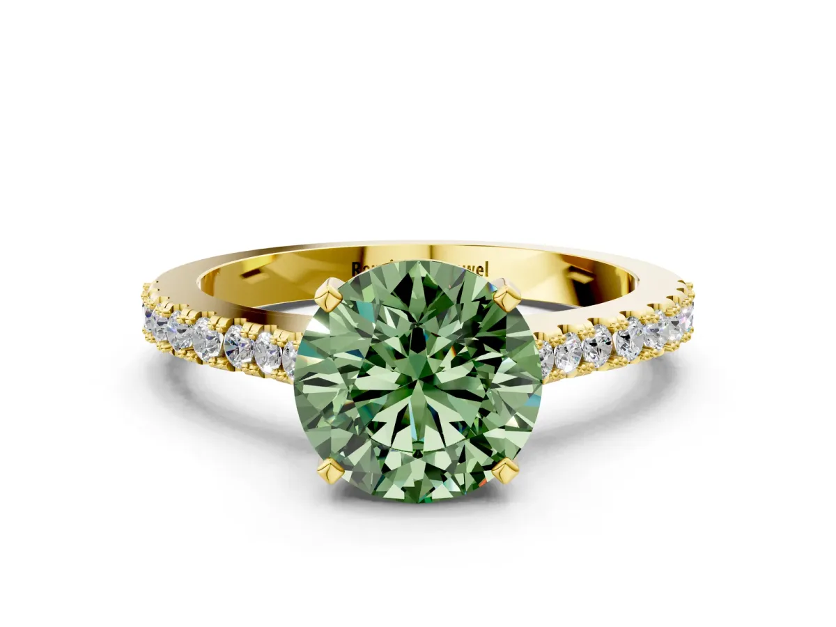 Fancy Green Round Cut Cut Solitaire Diamond Engagement Ring with Pave Band and Four-Prong Setting Yellow gold