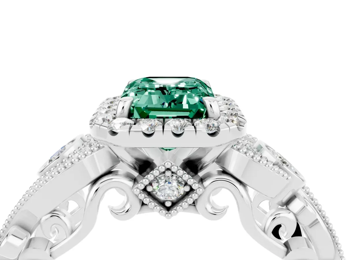 Emerald Cut Green Sapphire Halo Ring with Milgrain Pavé Band and Four-Prong Setting White gold