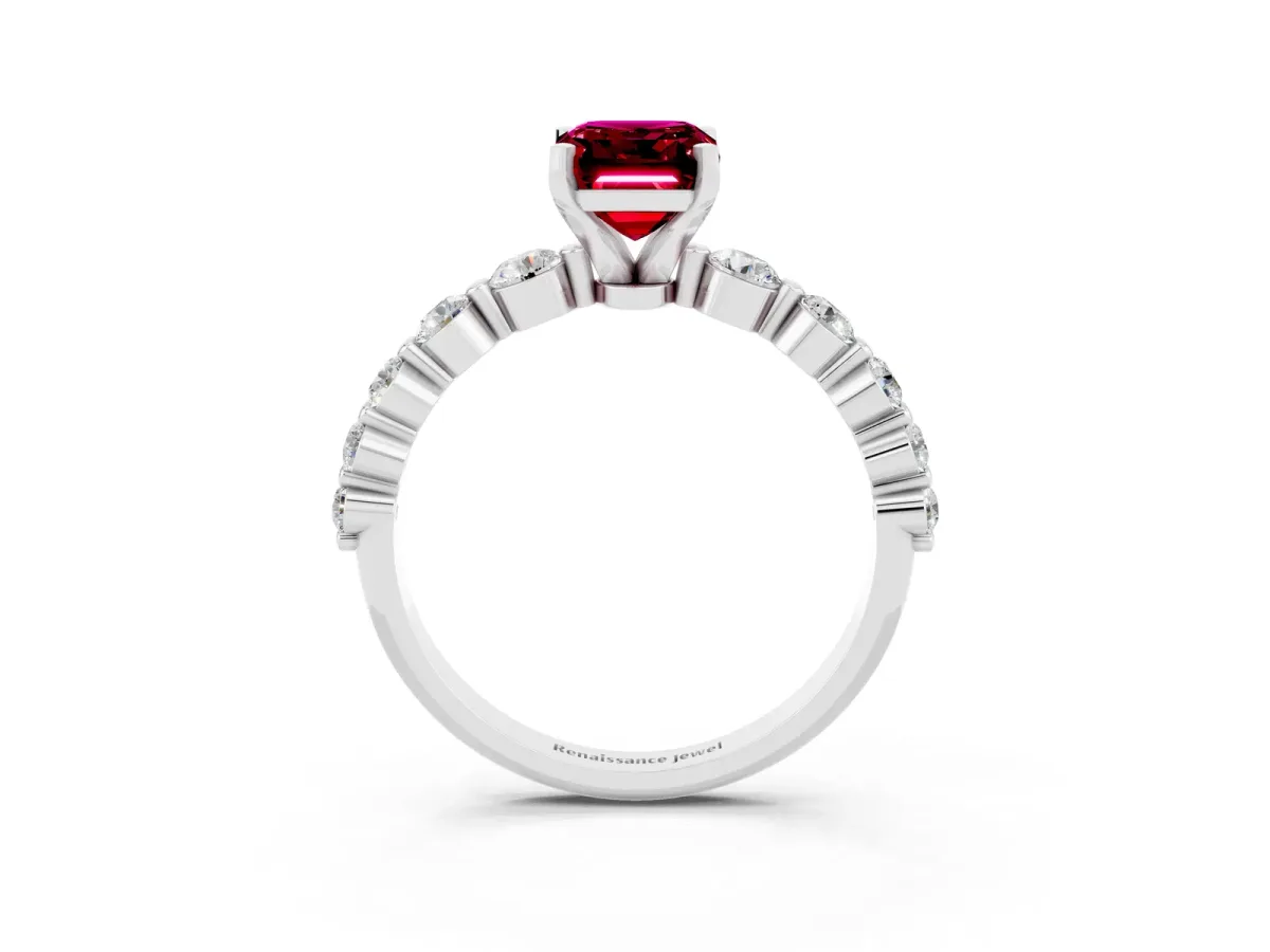 Emerald Cut Solitaire Garnet Ring with Pave Band and Four-Prong Setting Silver
