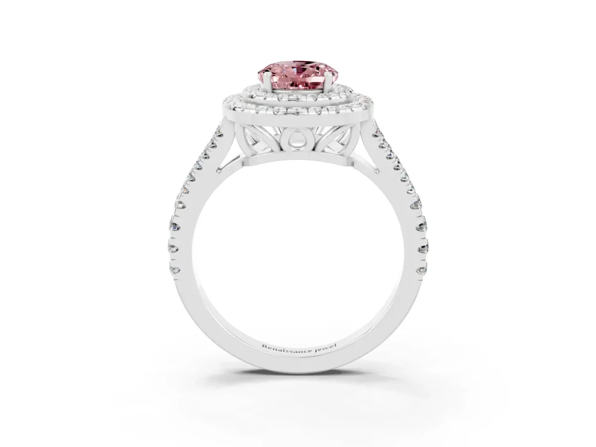 Oval Cut Morganite Double Halo Ring with Pavé Band and Prong Setting Silver