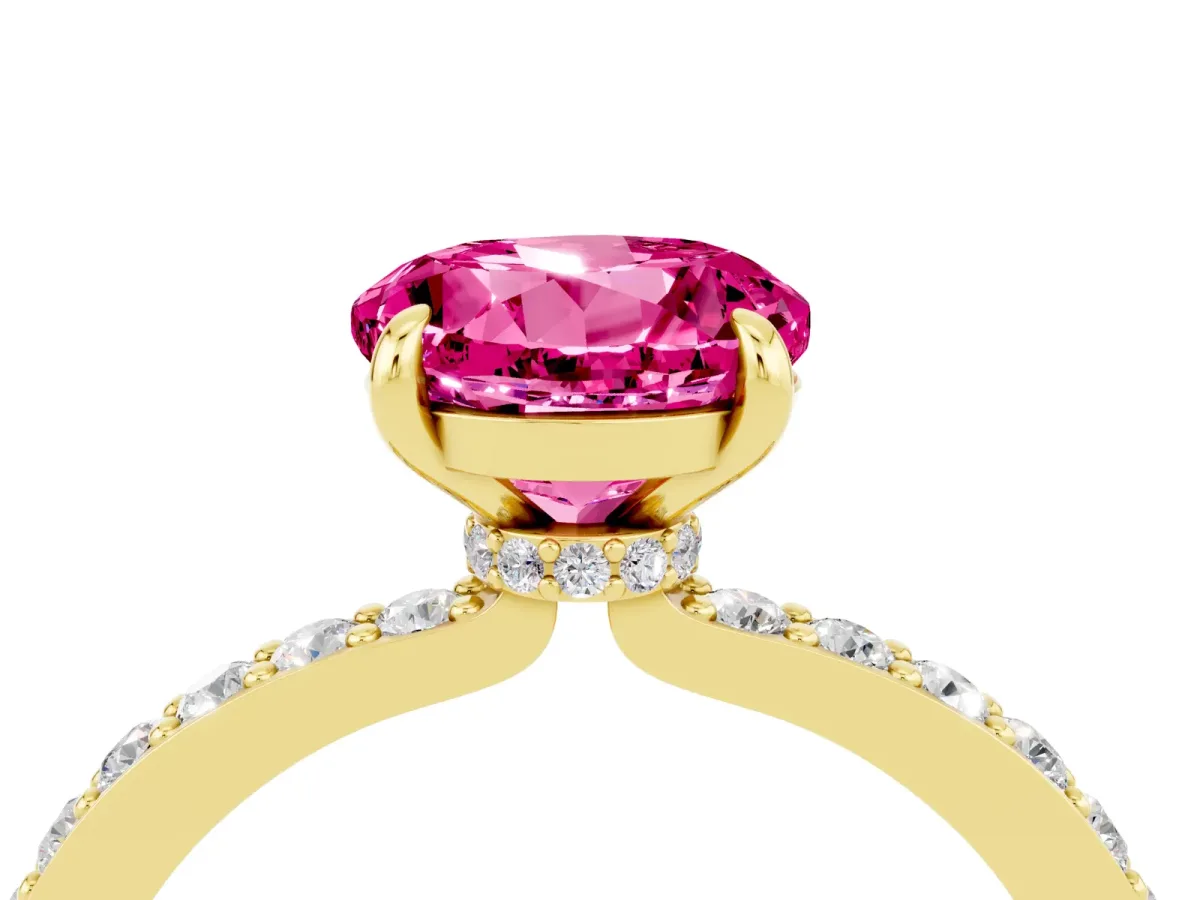Round Cut Pink Sapphire Solitaire Engagement Ring with Pavé Band and Four-Prong Setting Yellow gold