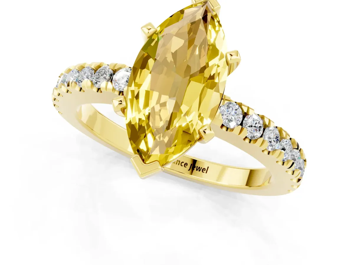 Marquise Cut Solitaire Yellow Sapphire with Pavé Band and Four-Prong Setting Yellow gold