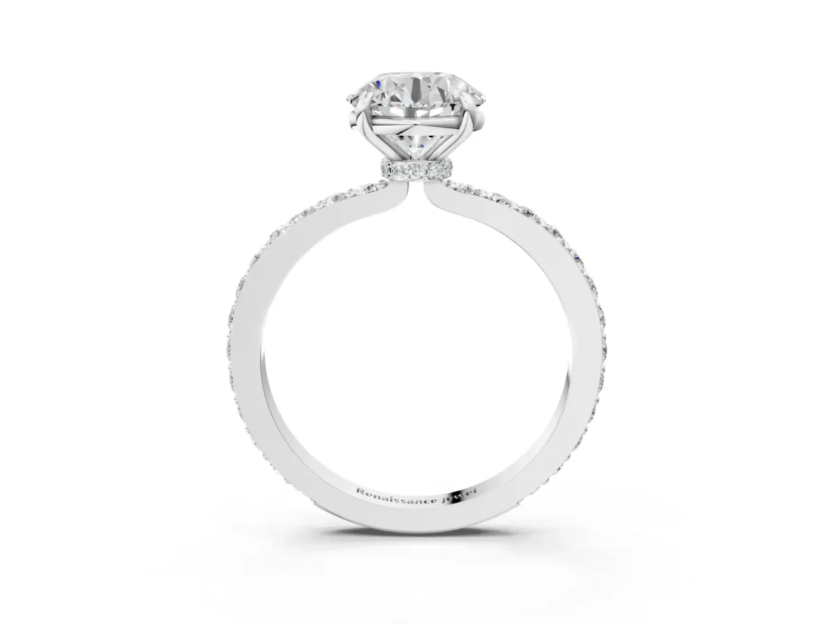Round Cut Diamond Pavé Engagement Ring with Round Tanzanite Accents and Prong Setting White gold