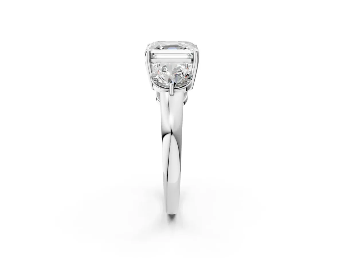 Asscher Cut Diamond Three-Stone Ring with Prong Setting and Classic Band Platinum