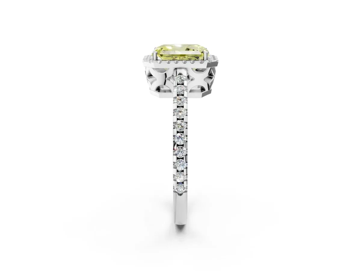Fancy Yellow Radiant Cut Diamond Halo Engagement Ring with Pavé Band and Prong Setting Platinum