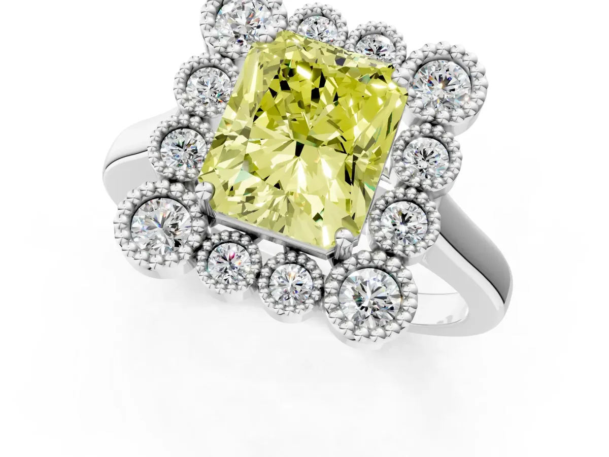 Fancy Yellow Radiant Cut Halo Diamond Cluster Engagement Ring with Milgrain Bezel Setting and Solitaire Band Platinum
