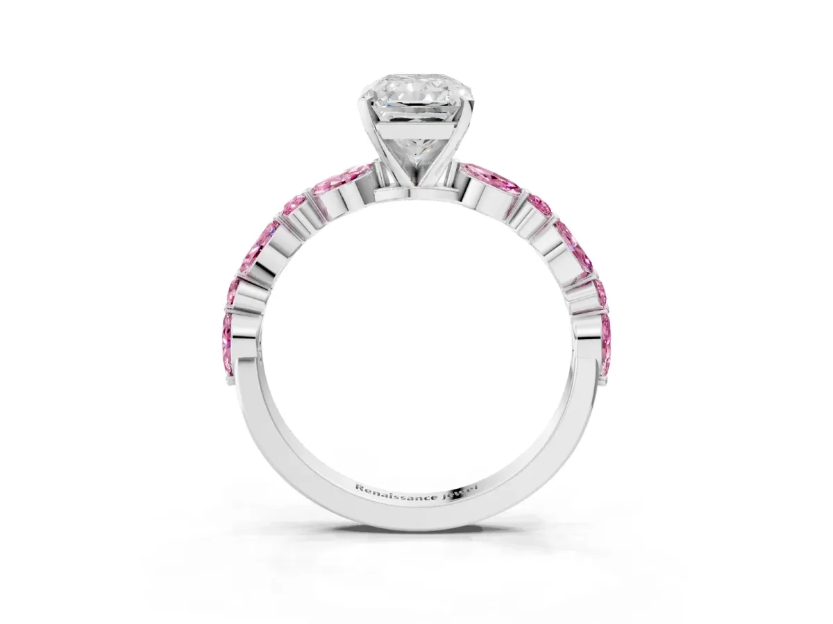 Radiant Cut Diamond Ring with Marquise and Round Pink Sapphire Side Stones and Four-Prong Setting Platinum