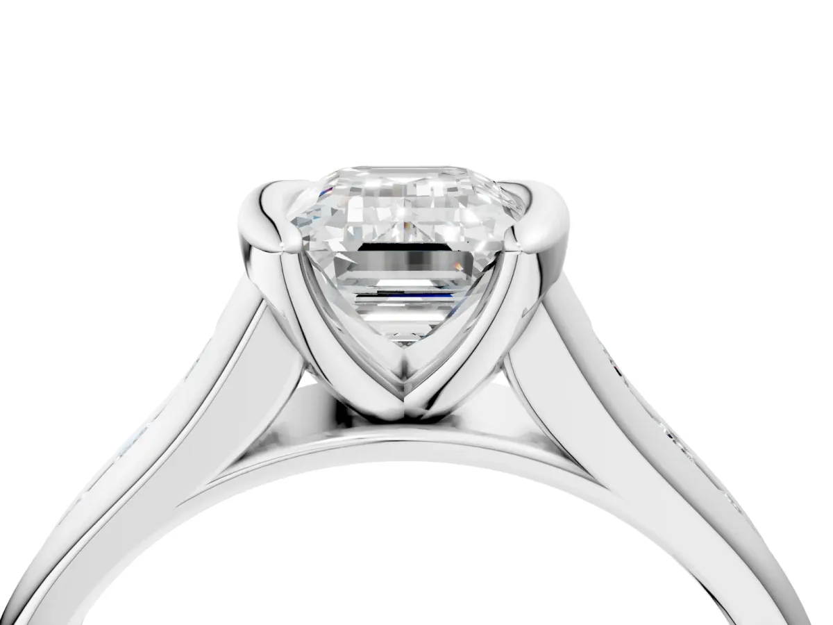 Emerald Cut Solitaire Bezel-Set Diamond Ring with Channel-Set Band Platinum