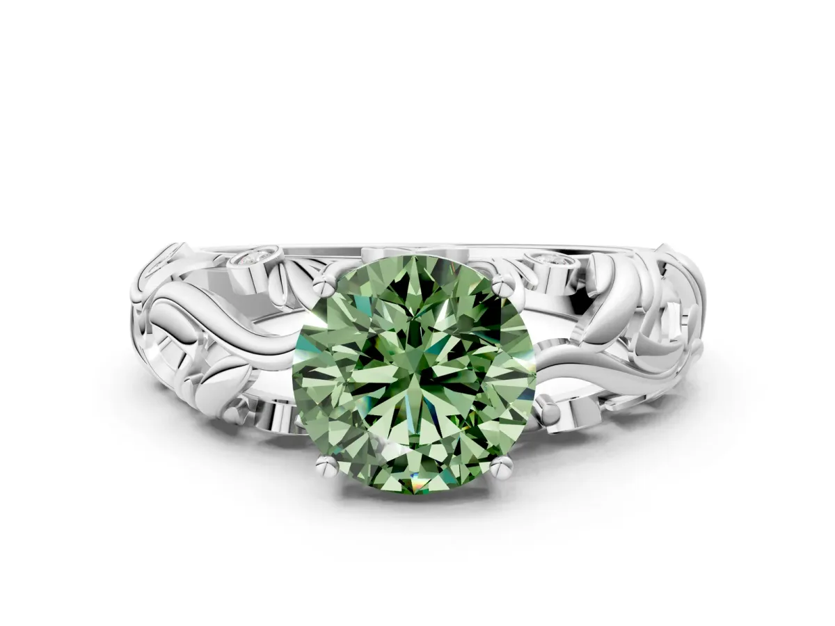 Fancy Green Round Cut Solitaire Diamond Leaf-Inspired Vine Band Ring with Prong Setting Silver