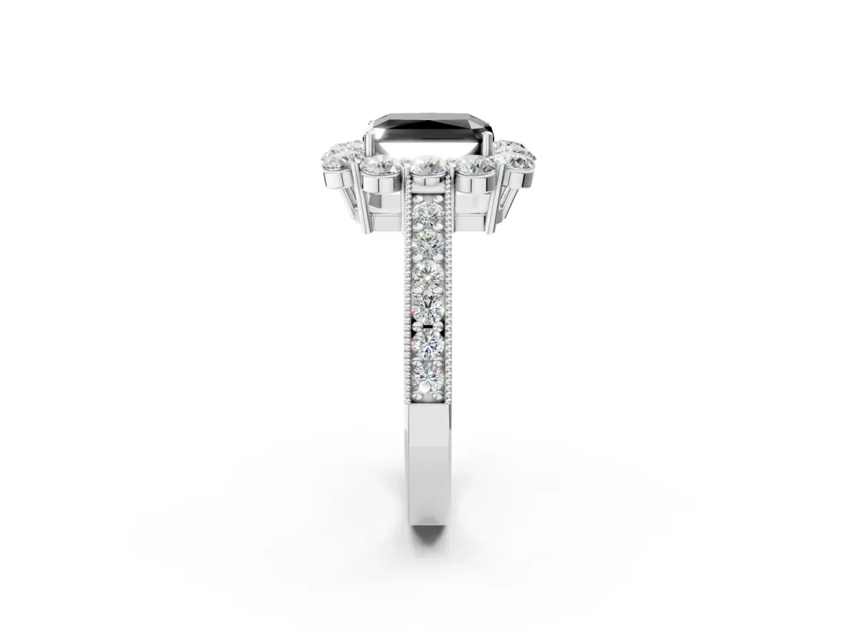 Fancy Black Radiant Cut Cut Halo Diamond Pavé Engagement Ring with Milgrain Detailing Platinum