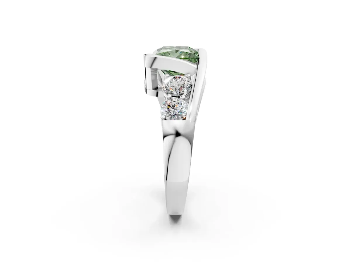 Fancy Green Bezel Set Princess Cut Diamond Bypass Ring with Round Accents Silver