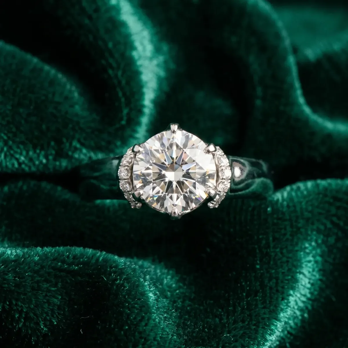 Round Cut Brilliant Solitaire Cathedral Engagement Ring with Pave Accents Silver